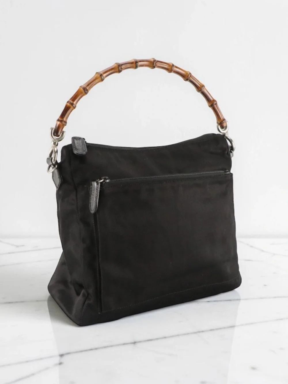Vintage Gucci Black Nylon Canvas Bamboo Handle Shoulder Bag GG Jacquard Hobo